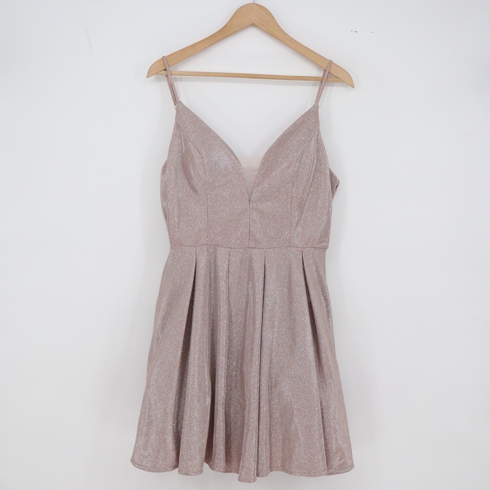 B. Darlin Dress Womens 15/16 Rose Gold Glitter V-Neck Pleated Excellent